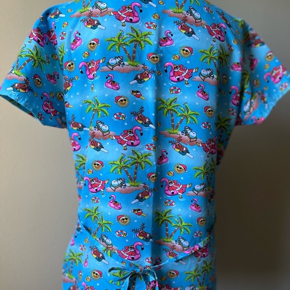 Festive Christmas Flamingo and Santa Print Scrub Top - Picture 6 of 9